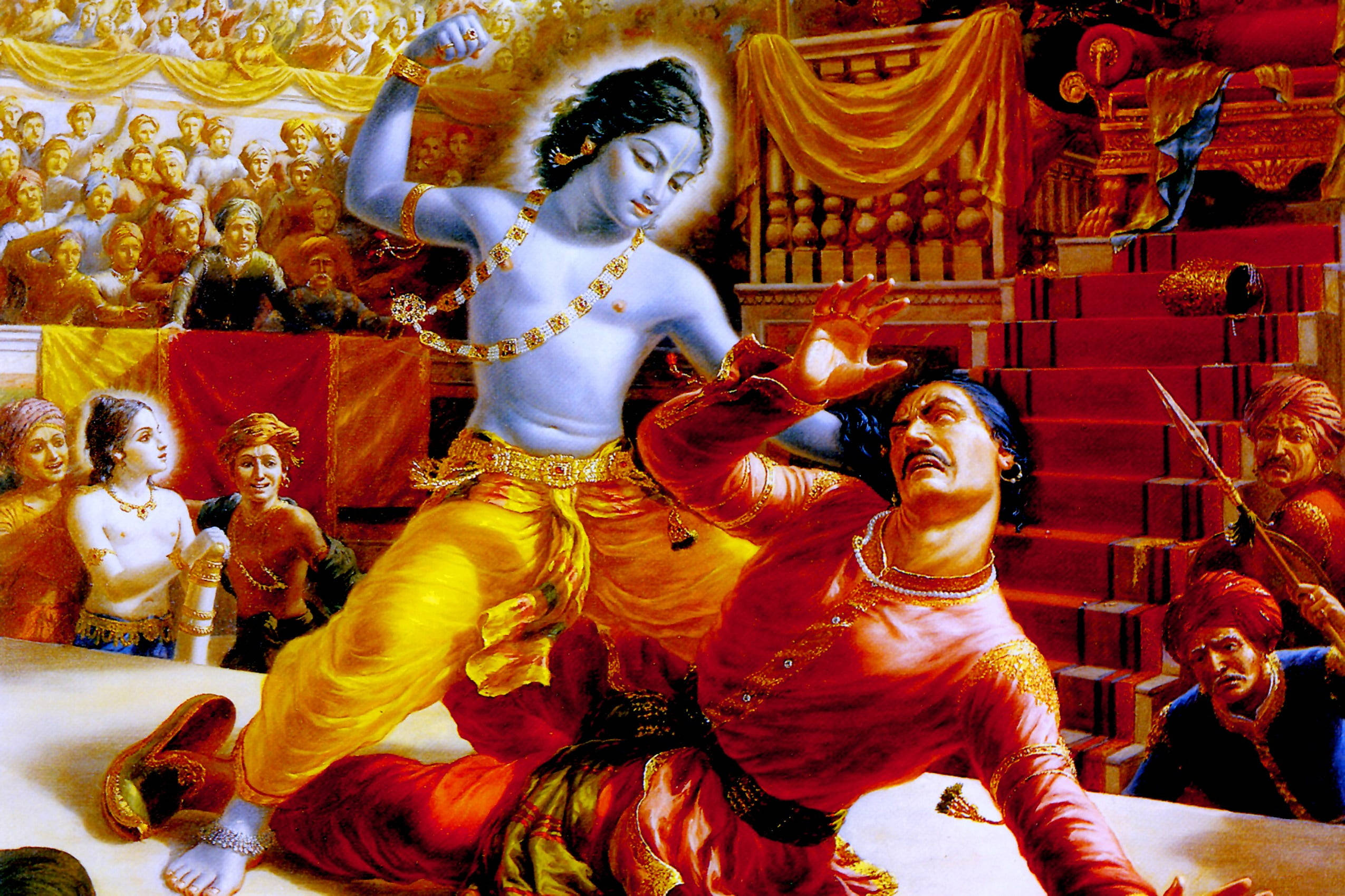 Shri Krishna 桌布 壁紙 — 一位身穿金色服飾的神聖藍皮膚人物，在裝飾華麗的皇家大廳中勝利地擊倒一名紅袍戰士。