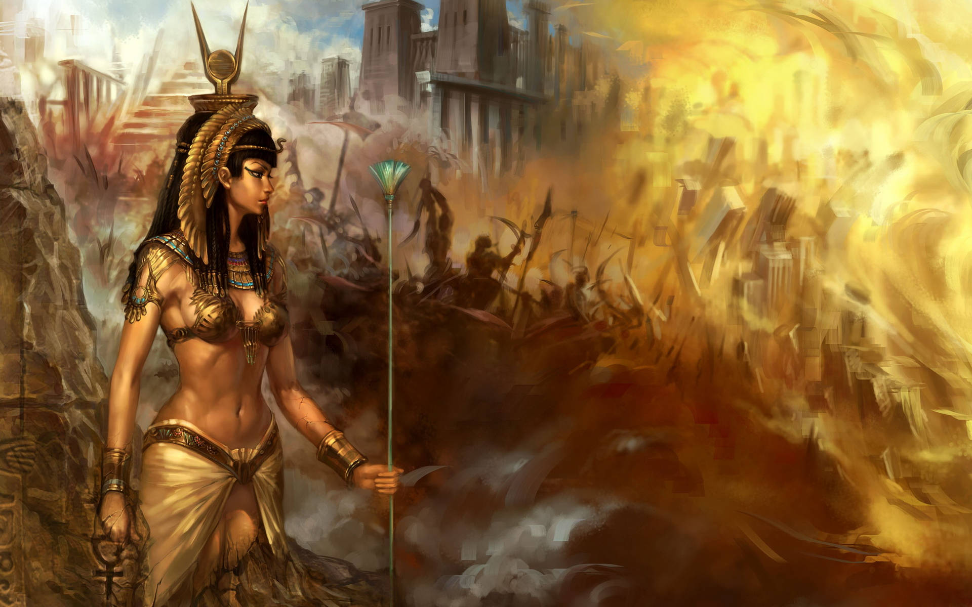 Cleopatra 桌布 壁紙 — 一位身穿金色王袍的埃及女王平靜地站在被熾熱橙色煙霧籠罩的混亂戰場前。