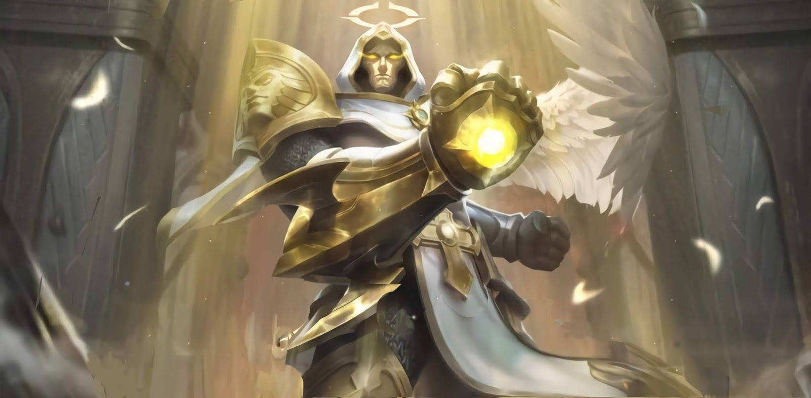 Mobile Legends 動態圖 桌布 壁紙 — 一位身穿金色盔甲、光芒四射的天使戰士，在神聖的光芒中展開白色翅膀，手持發光的球體。