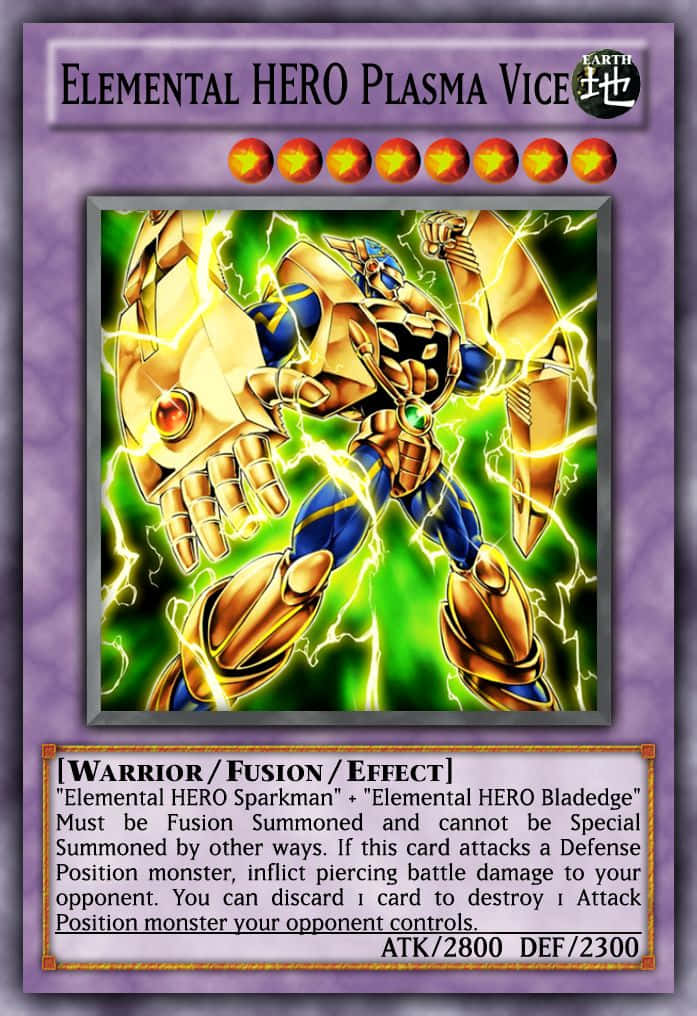 Yugioh Elemental Hero 桌布 壁紙 — 一位身穿金色盔甲、帶有藍色點綴的動漫英雄，在充滿活力的背景中，動態地站在噼啪作響的綠色閃電之中。