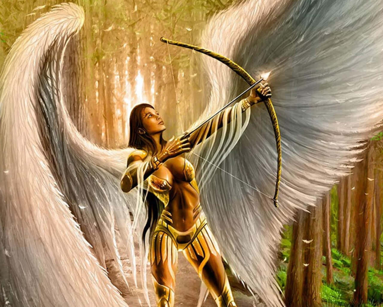 Guardian Angels 桌布 壁紙 — 一位身穿金色盔甲、擁有巨大白色翅膀的天使，在陽光明媚的林間空地拉弓。