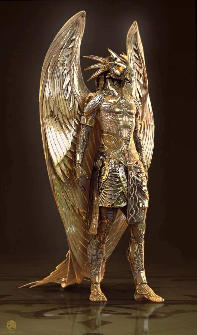 Egyptian Gods 桌布 壁紙 — 一位身穿金色盔甲、擁有巨大羽毛翅膀的天使戰士，在黑暗背景中蓄勢待發。
