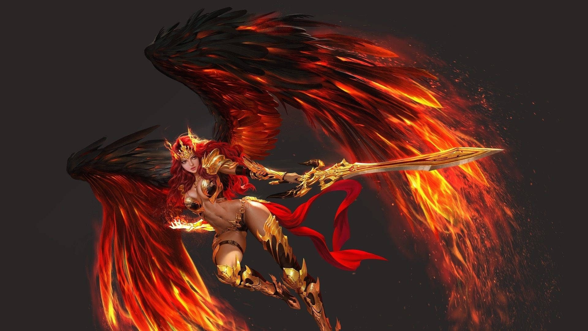 Fire Girl 桌布 壁紙 — 一位身穿金色盔甲、擁有火焰翅膀的戰士女神，在黑暗背景下揮舞著一把火焰劍。