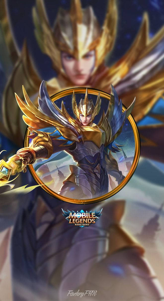 Zilong Epic Skin 桌布 壁紙 — 一位身穿金色盔甲、擁有羽毛翅膀的戰士，在宇宙背景下英勇地站在發光的圓形框架中。