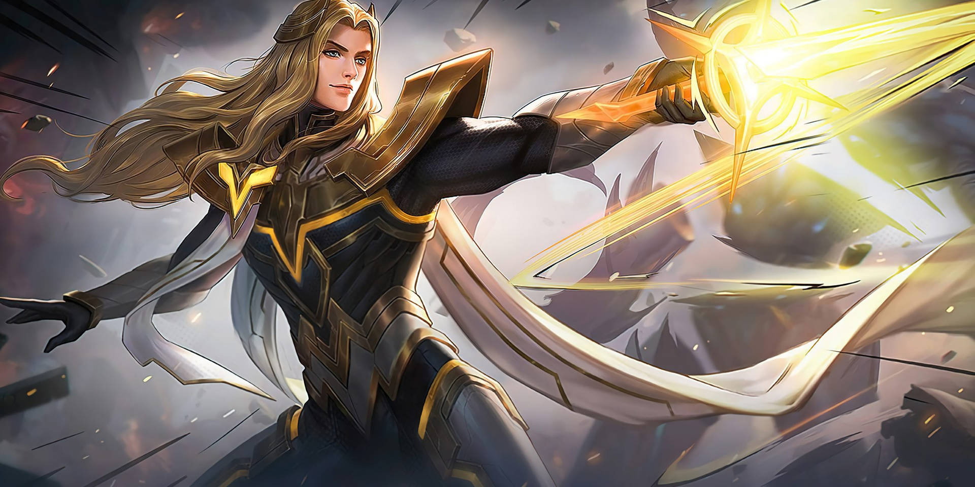 Mobile Legends 動態圖 桌布 壁紙 — 一位身穿金色盔甲、金髮飄逸的戰士，以動態戰鬥姿勢釋放出光芒四射的能量劍。