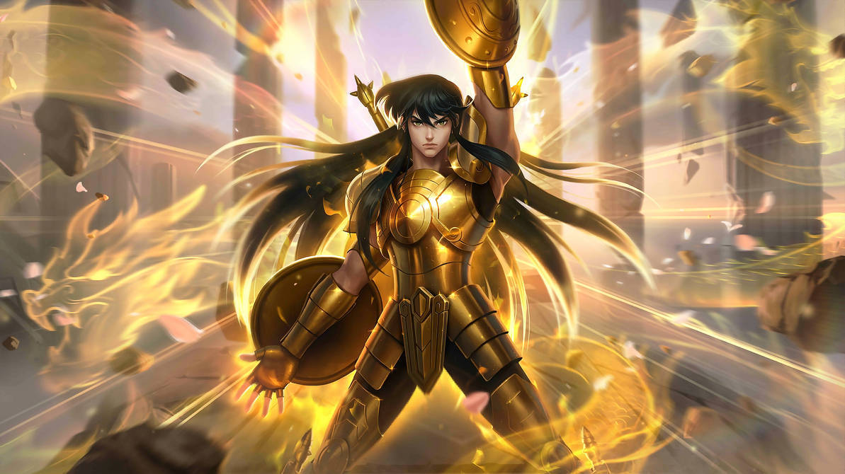 Mobile Legends 動態圖 桌布 壁紙 — 一位身穿金色盔甲、長著黑色長髮的戰士，在熾熱的能量和 crumbling 石柱中揮舞盾牌和劍。