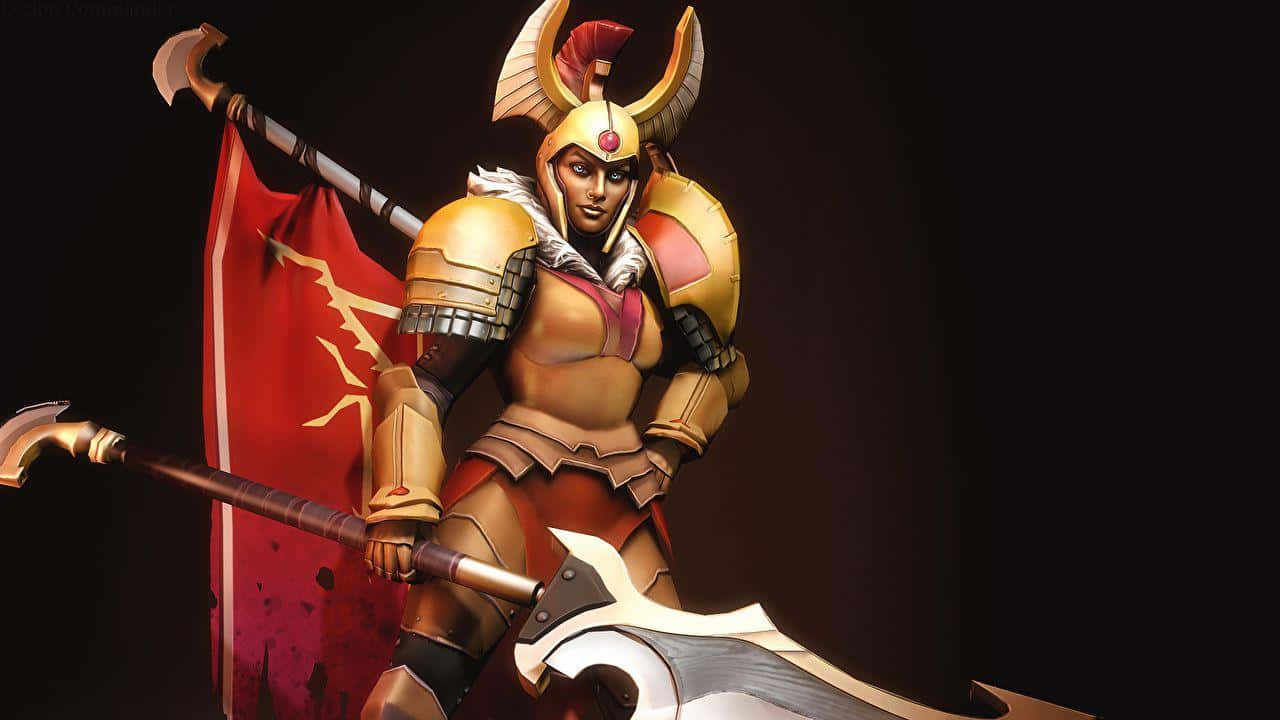 Legion Commander 桌布 壁紙 — 一位身穿金色盔甲的凶猛女戰士，在黑暗背景下揮舞著一把巨大的斧頭和一面帶有閃電標誌的紅色旗幟。