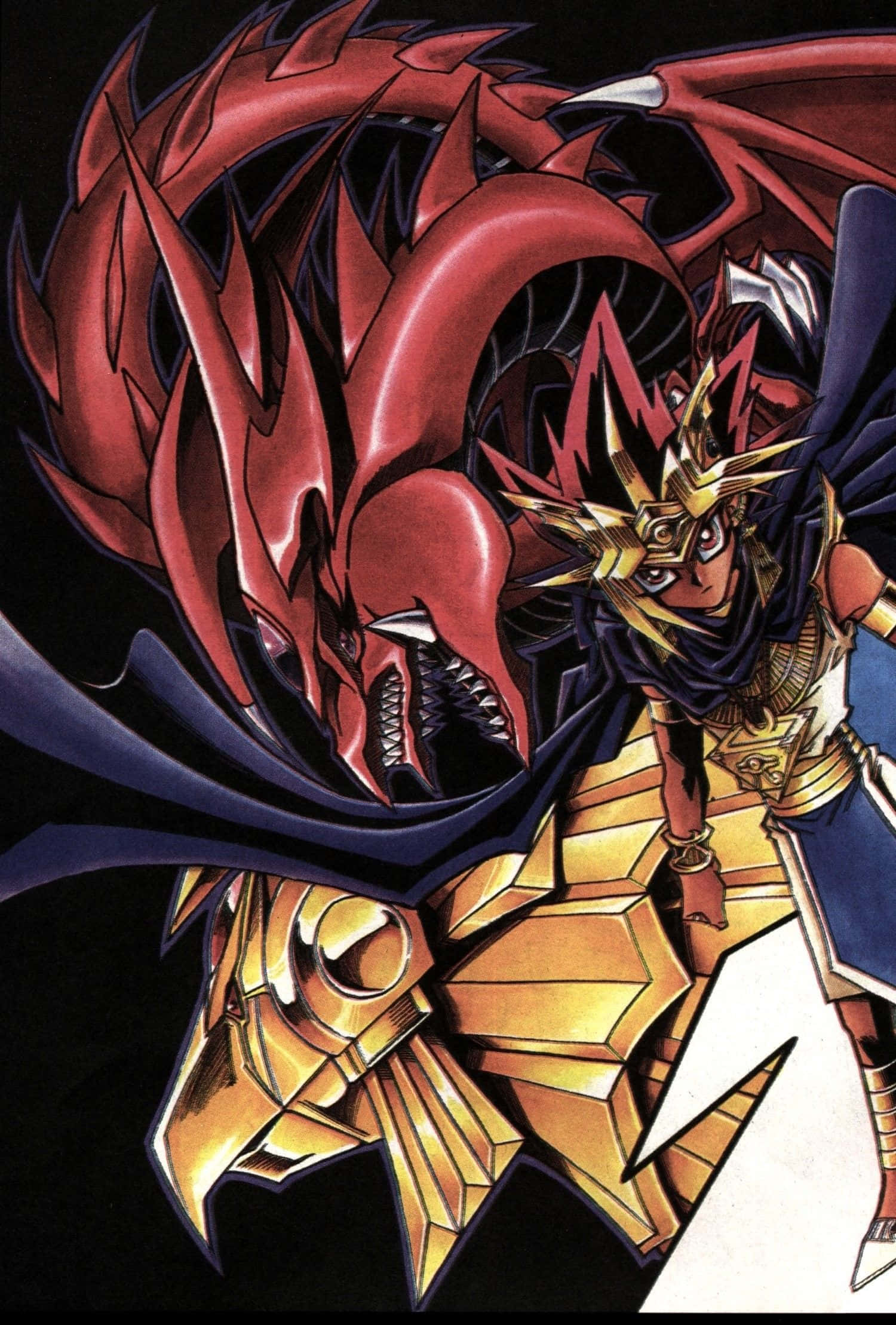 Pharaoh Atem 桌布 壁紙 — 一位身穿金色盔甲的動漫戰士站在一隻擁有尖刺翅膀的巨型紅龍旁邊，背景為黑色。