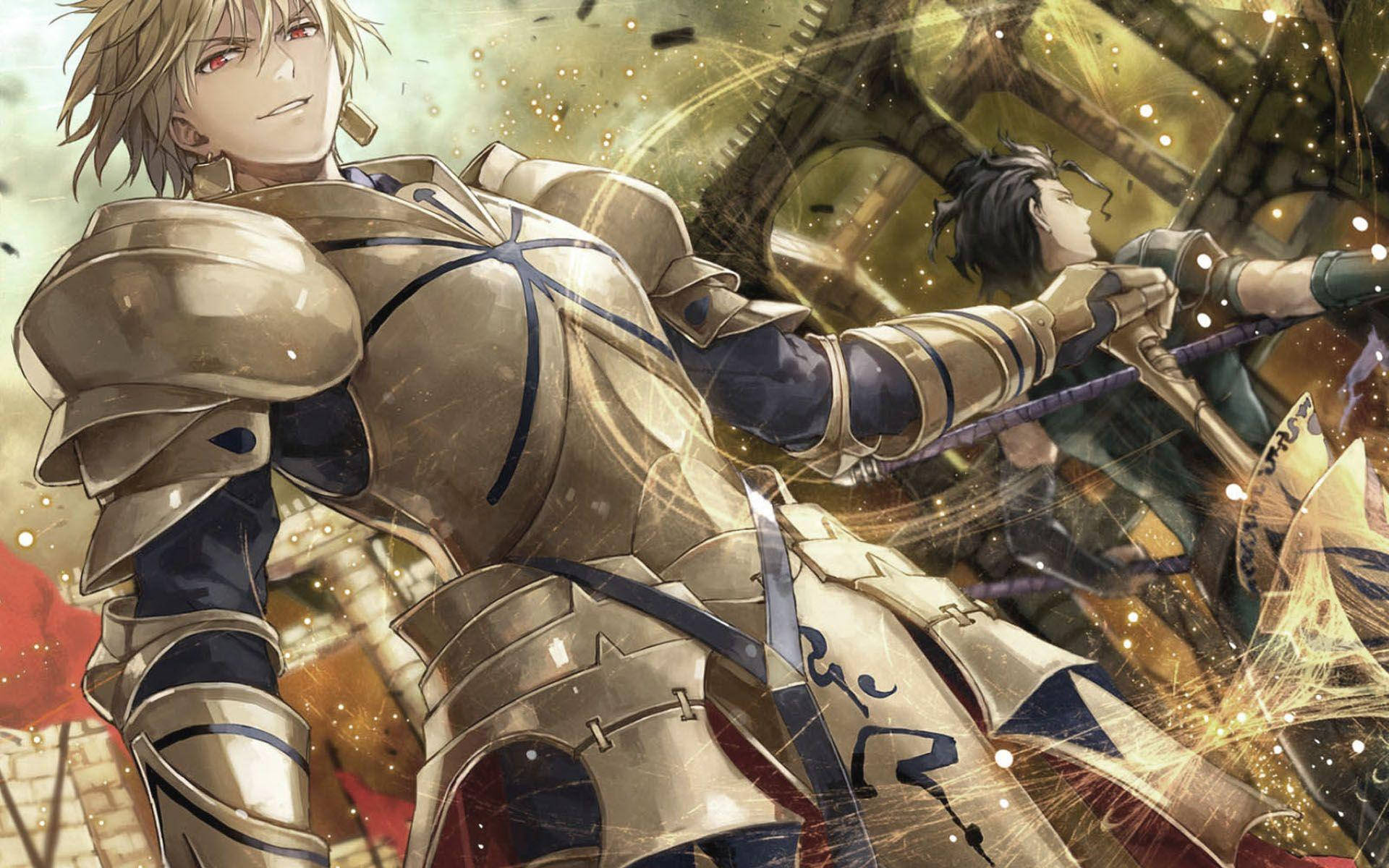 Fate Zero 桌布 壁紙 — 一位身穿金色盔甲的動畫騎士，自信地站在發光的魔法能量和破碎的齒輪之中，構成一個動態的戰鬥場景。