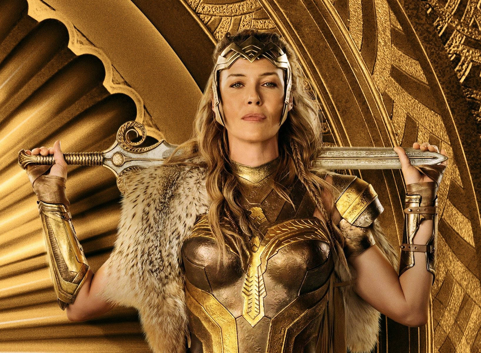 一位身穿金色盔甲的女戰士，帶著威嚴的表情手持劍。 — 漫畫動圖 壁紙