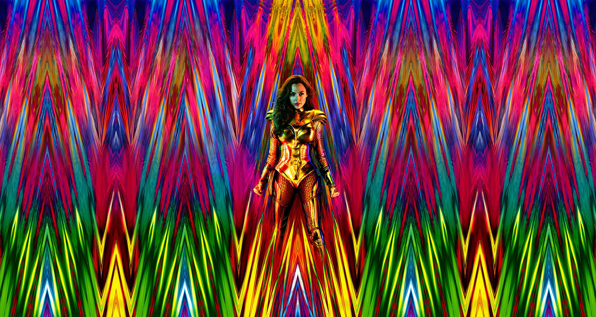 Wonder Woman 1984 桌布 壁紙 — 一位身穿金色盔甲的女超級英雄站在充滿活力的迷幻霓虹色鋸齒圖案中央。