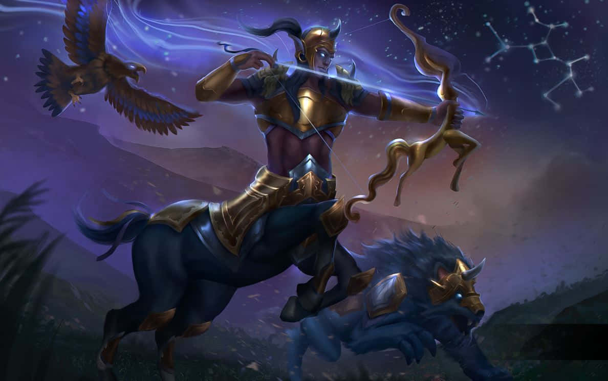 sagittarius 桌布 壁紙 — 一位身穿金色盔甲的弓箭手騎著藍色半人馬，穿越繁星點點的紫色天空，視野中有一隻鷹和星座。