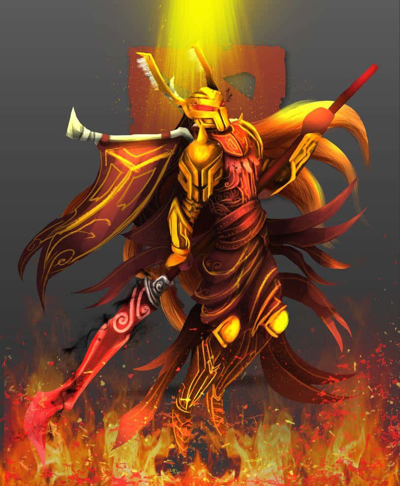 Legion Commander 桌布 壁紙 — 一位身穿金色盔甲的戰士，披著飄逸的紅色斗篷，站在火焰之中，在耀眼的光芒下揮舞著發光的武器。