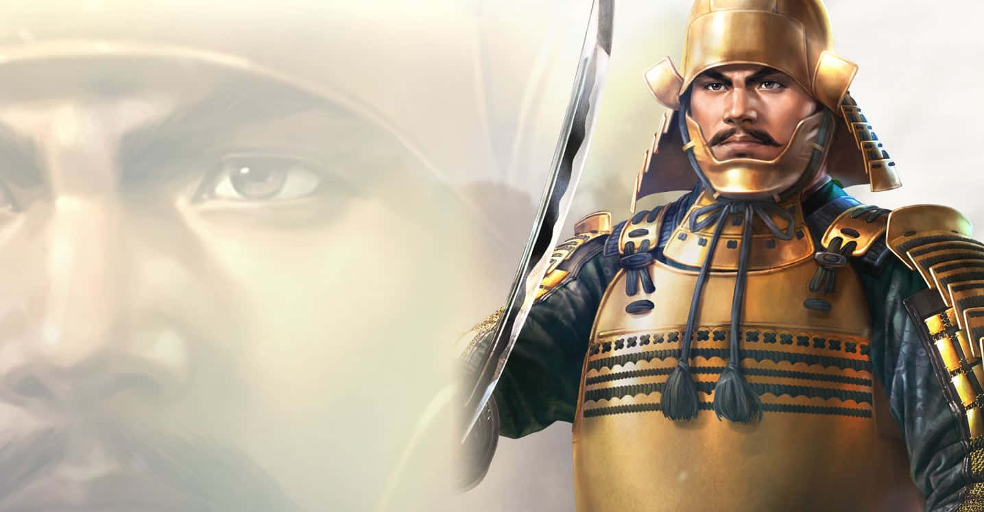Tokugawa 桌布 壁紙 — 一位身穿金色盔甲的武士武士，手持武士刀，背景是模糊的嚴肅面孔特寫。