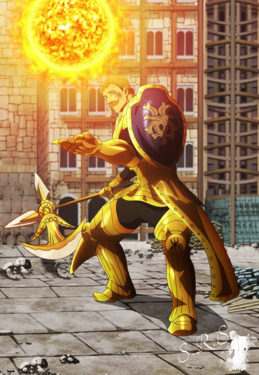 Escanor 桌布 壁紙 — 一位身穿金色盔甲的騎士，手持盾牌和斧頭，挑釁地站在石頭庭院中，熾熱的太陽懸浮在中世紀風格的建築上方。