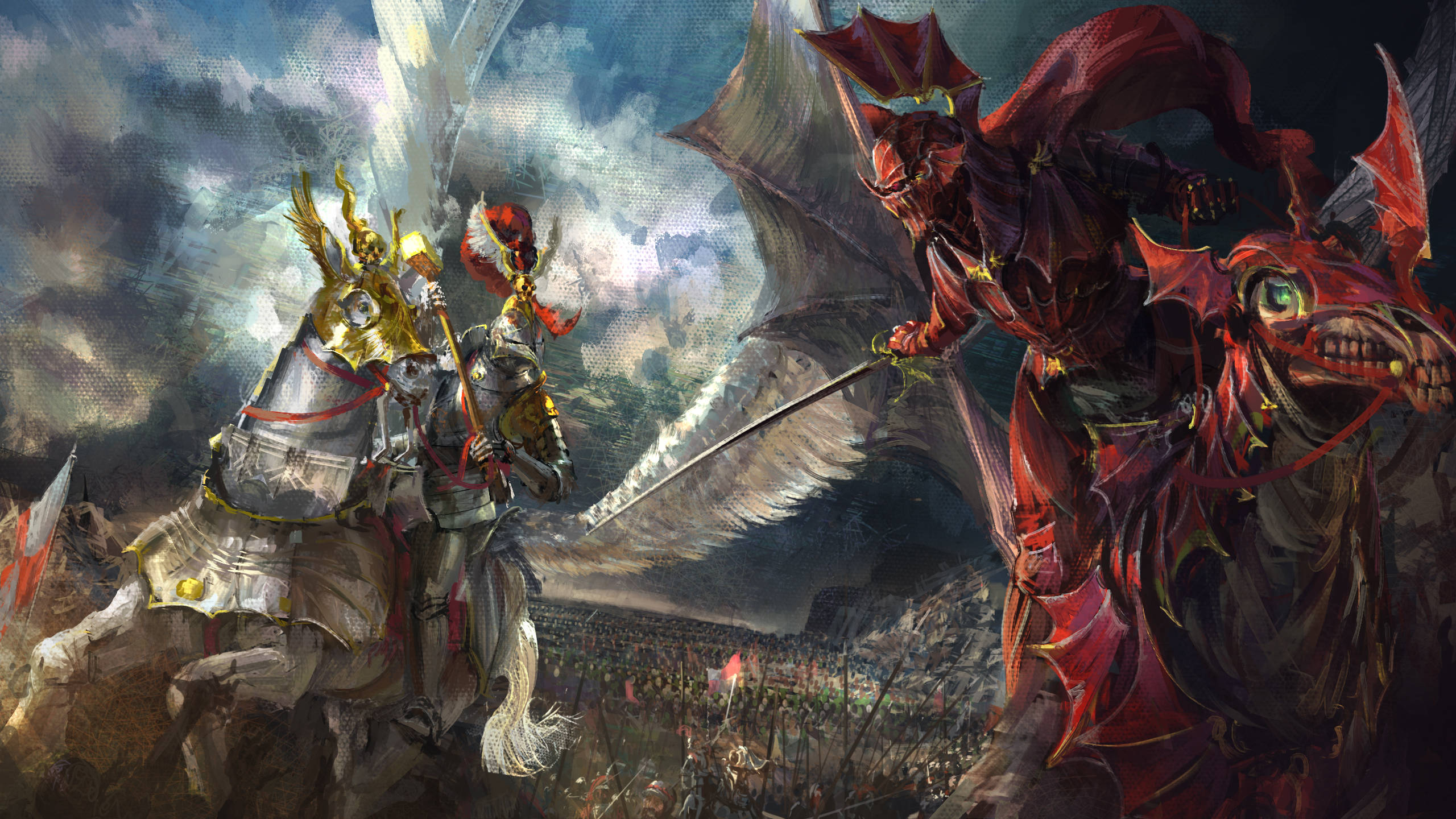 Total War Warhammer 2 桌布 壁紙 — 一位身穿金色盔甲的騎士騎著白馬，在暴風雨天空下的混亂戰場上，面對一位騎著黑馬的紅色惡魔騎士。