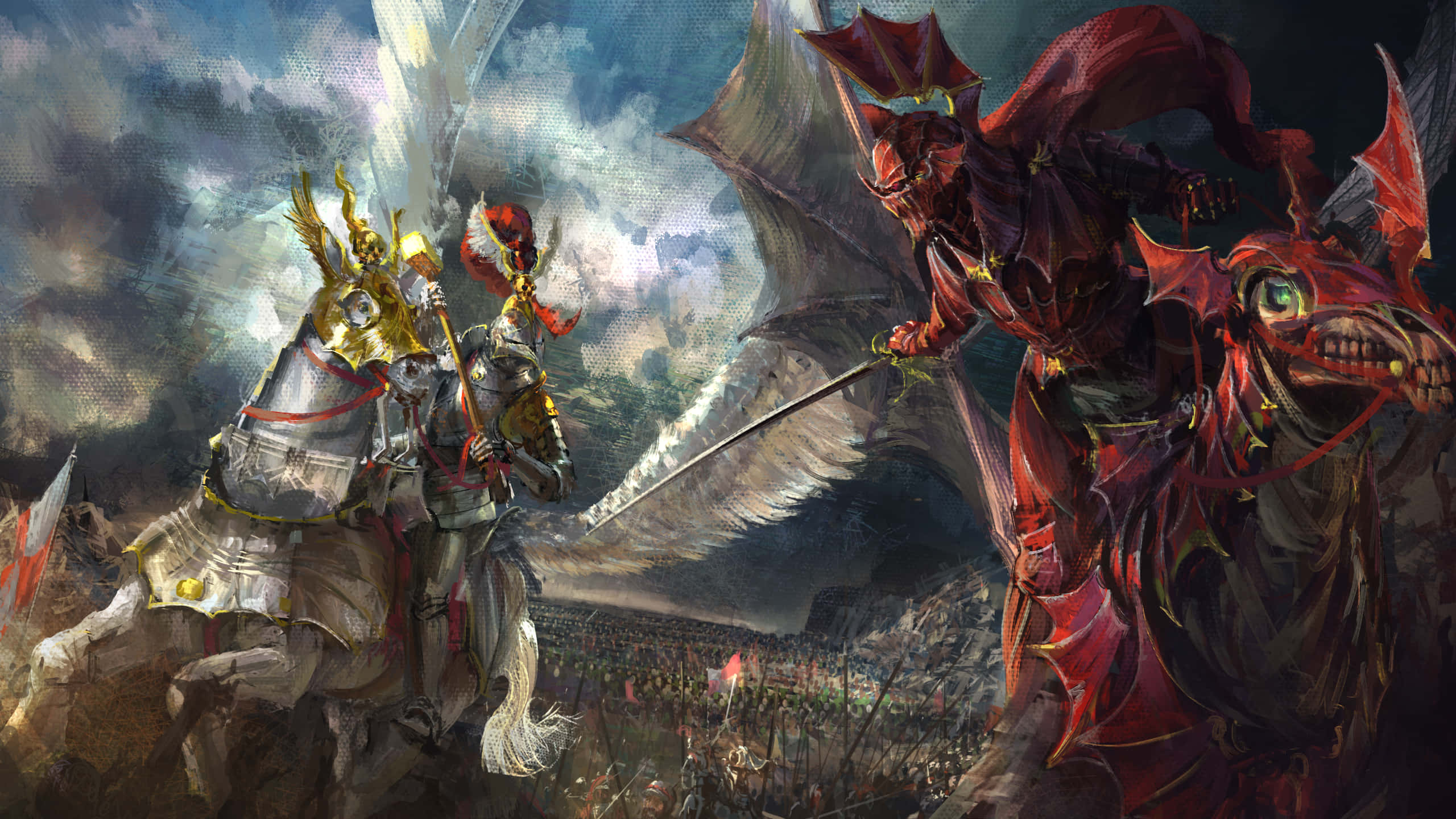 Best Total War Warhammer 桌布 壁紙 — 一位身穿金色盔甲的騎士騎著白馬，在暴風雨般的戰場上面對騎著紅龍的惡魔騎士。