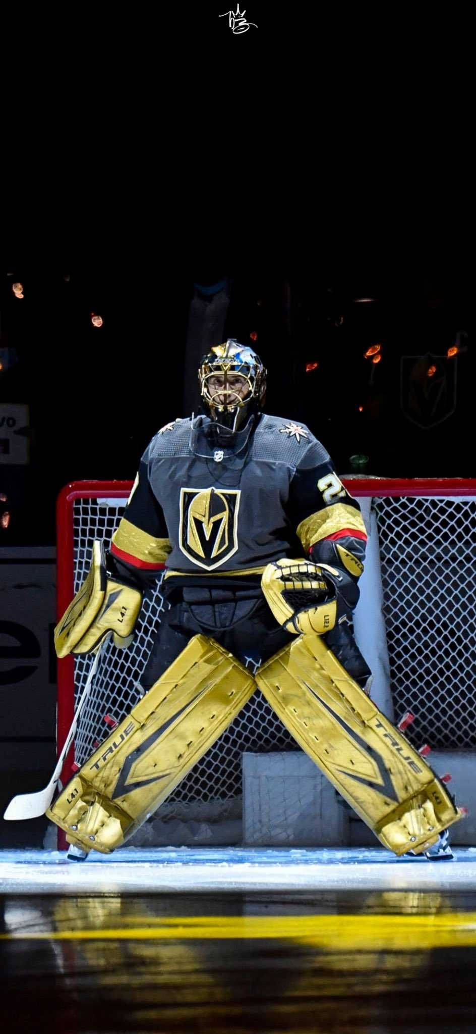 hockey 桌布 壁紙 — 一位身穿金色裝備的維加斯金騎士冰球守門員在場館燈光下，準備就緒地站在球門前。