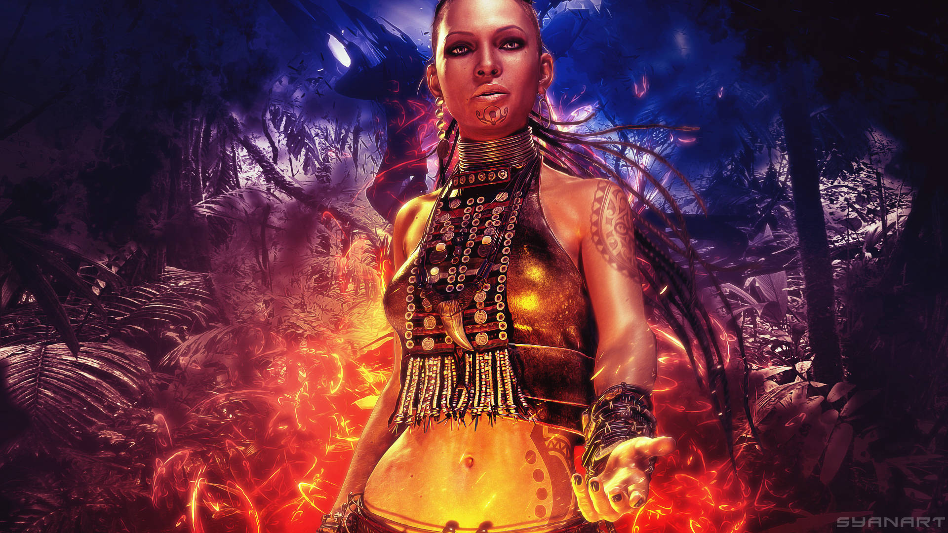 Far Cry 3 桌布 壁紙 — 一位身穿金色部落盔甲的凶猛女戰士，在黑暗神秘天空下，立於熾熱的叢林火焰之中。