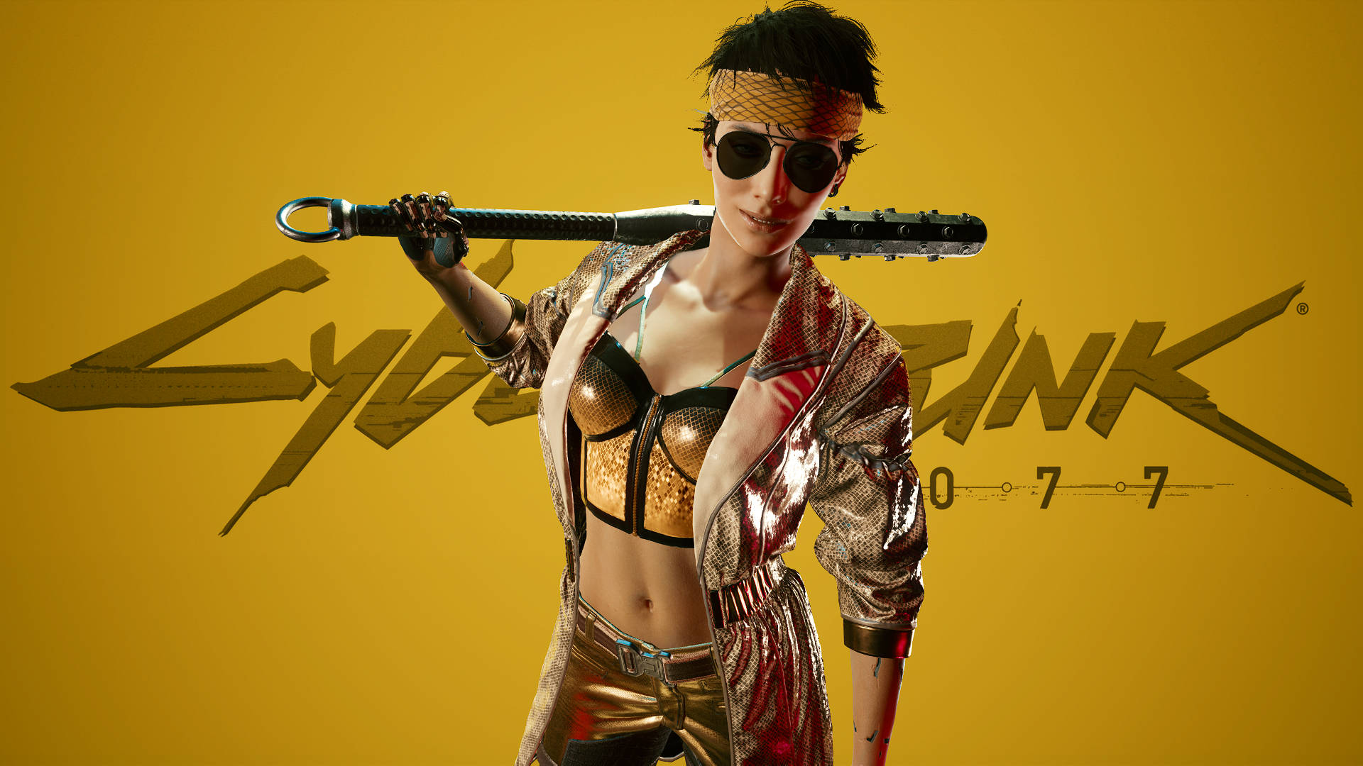 Cyberpunk Desktop 桌布 壁紙 — 一位身穿金色金屬裝束的賽博龐克女性，在帶有 'Cyberpunk 2077' 標誌的醒目黃色背景上，將球棒扛在肩上。