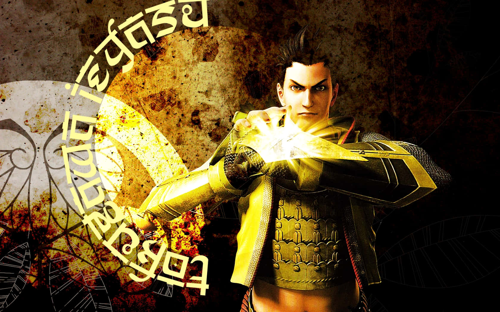 Tokugawa 桌布 壁紙 — 一位身穿金色鎧甲的兇猛動漫戰士，在粗糙紋理背景前，以強烈專注力引導發光能量。