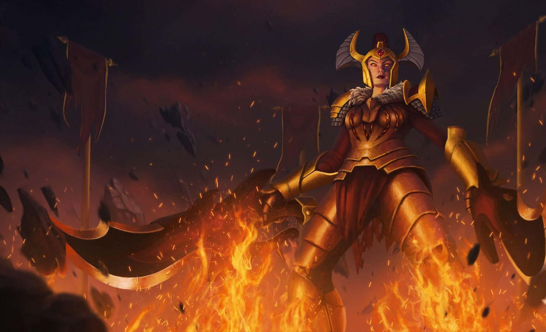 Legion Commander 桌布 壁紙 — 一位身穿金色鎧甲的女戰士女王在黑暗的天空下，在咆哮的火焰和破碎的旗幟中挑釁地站立。
