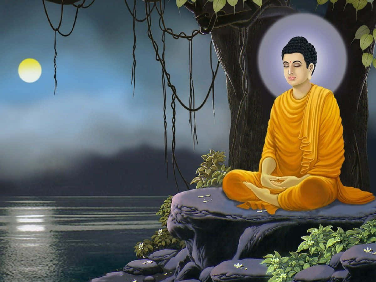 Gautama Buddha 桌布 壁紙 — 一位身穿金色長袍的寧靜佛陀在月光下的樹旁，於夜晚平靜的湖邊冥想。