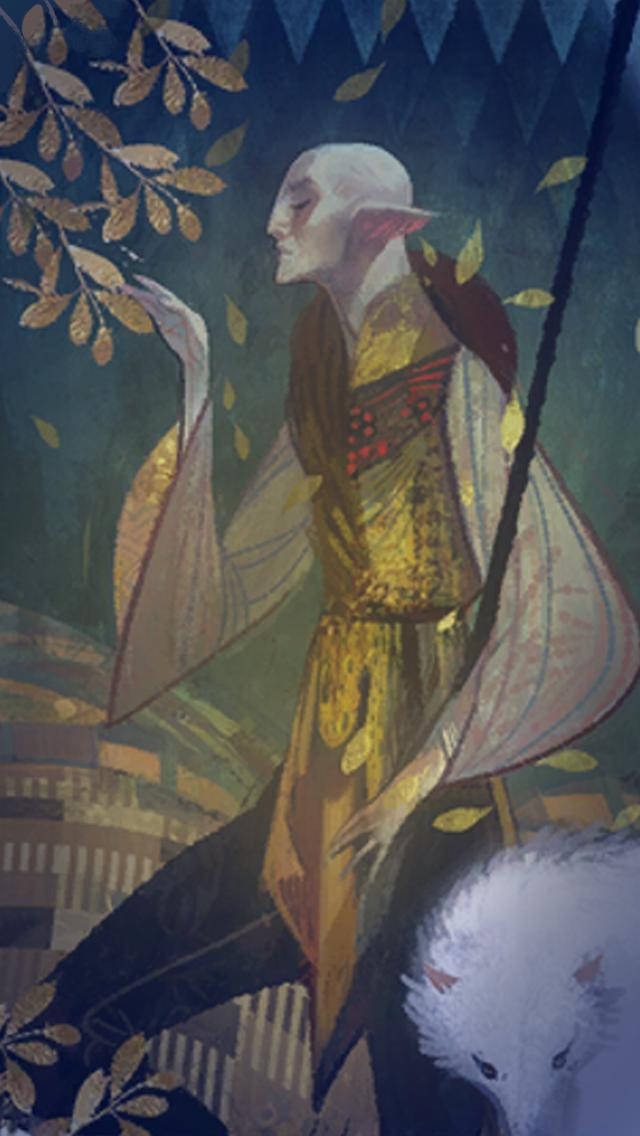 Dragon Age Phone 桌布 壁紙 — 一位身穿金色長袍的寧靜精靈站在落葉中，旁邊是一隻白狐，上方是深藍色的天篷。