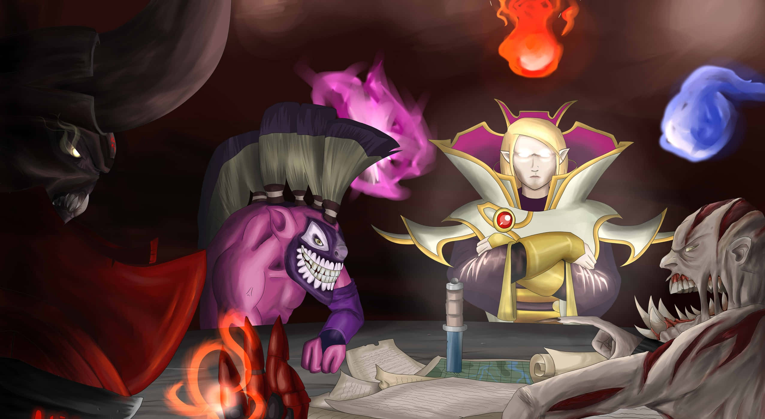 dota 2 4K 桌布 壁紙 — 一位身穿金色長袍的皇室人物靜靜地坐著，而周圍有眼睛發光並帶有火焰效果的怪誕怪物在黑暗的神秘房間中包圍著他們。