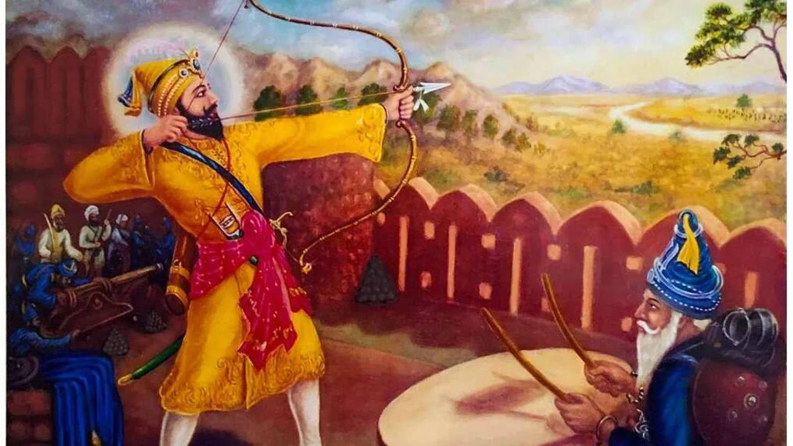Guru Gobind Singh Ji 桌布 壁紙 — 一位身穿金色長袍的皇家弓箭手在堡壘城牆上拉弓，而下方一位身穿藍色的鼓手正在演奏。