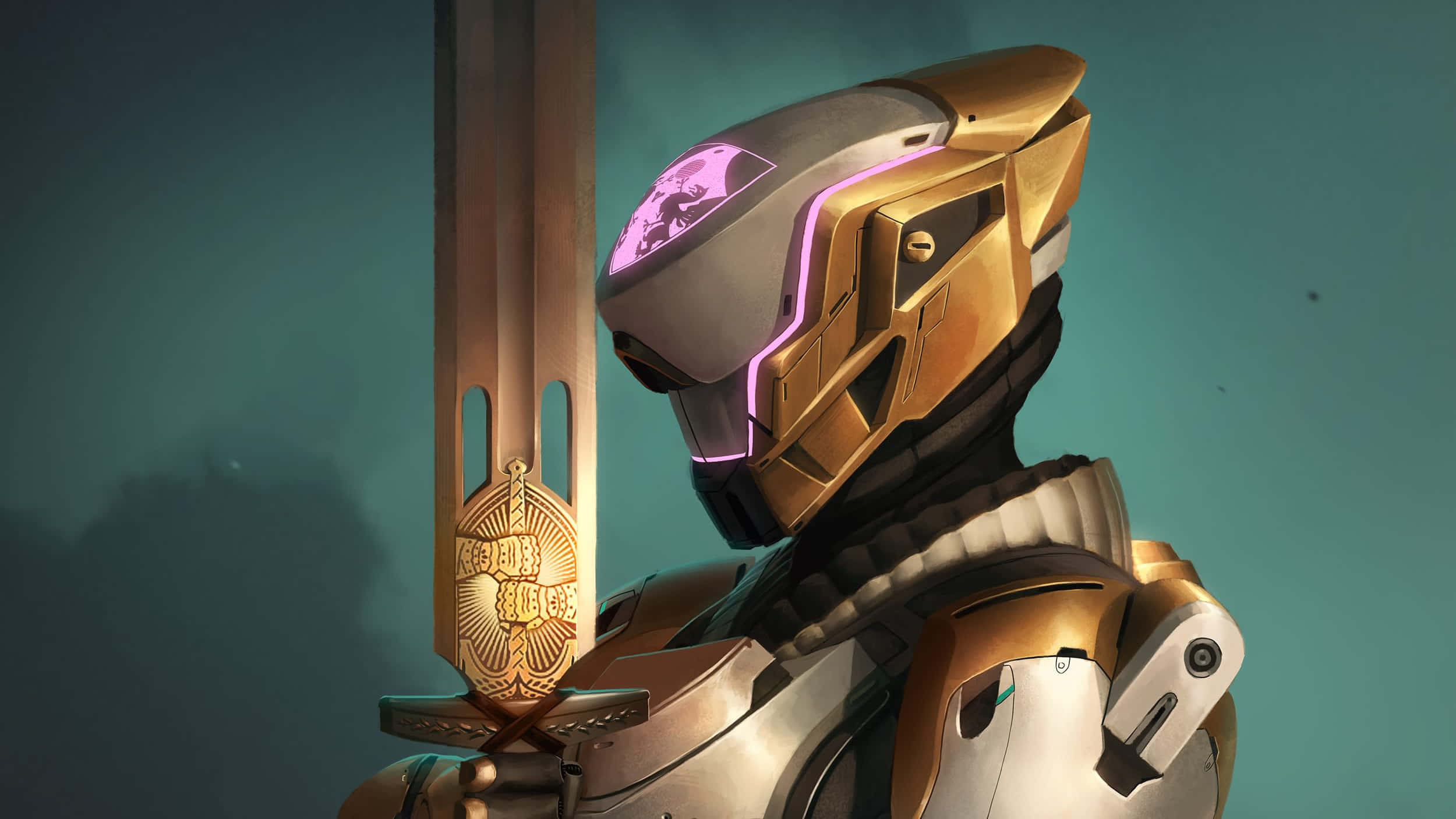 Titan Destiny 2 4K 桌布 壁紙 — 一位身穿金銀鎧甲的未來騎士，在青綠色背景下手持發光劍。
