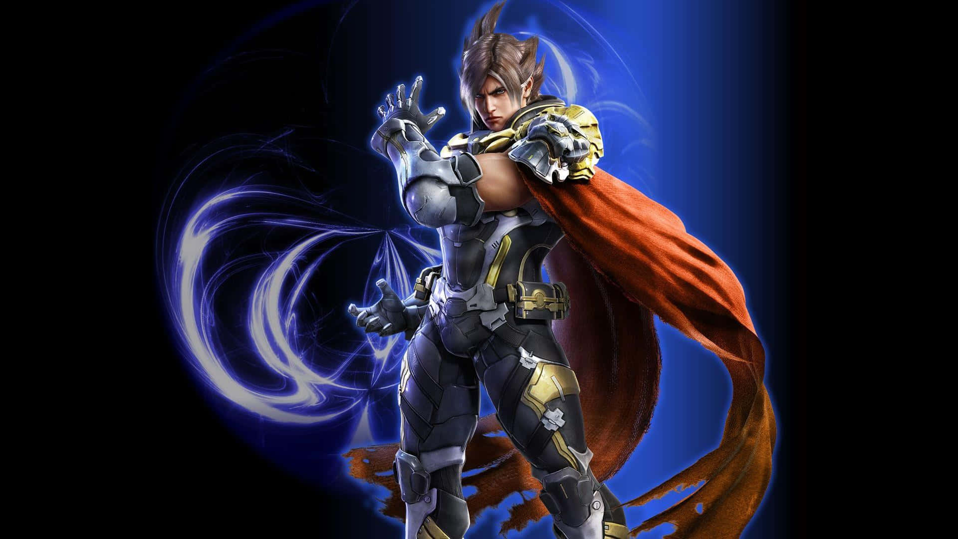 Tekken Characters 桌布 壁紙 — 一位身穿銀色和金色盔甲、披著飄逸紅色斗篷的動態動漫戰士，在黑暗背景下引導發光的藍色能量。