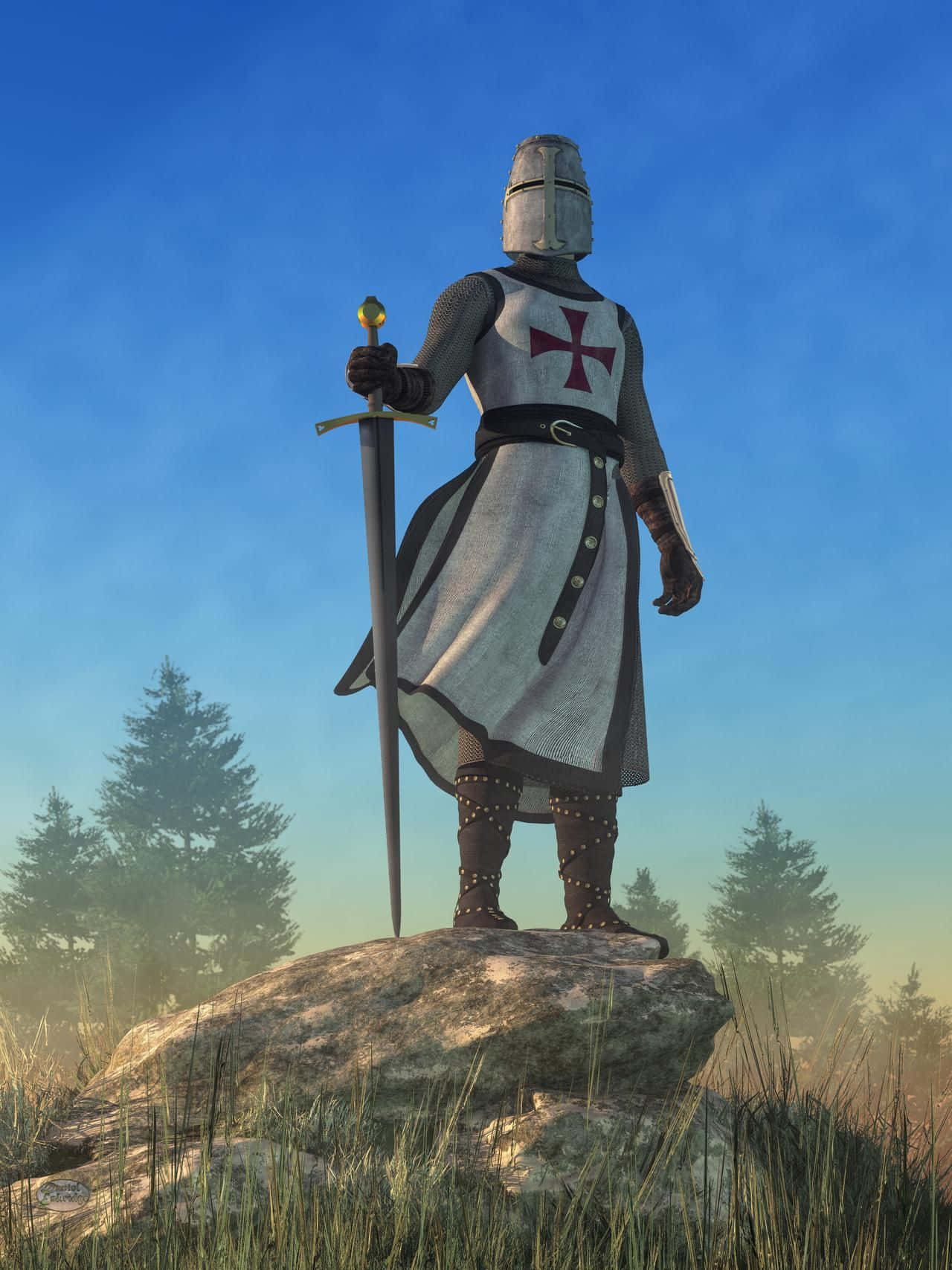Crusader 桌布 壁紙 — 一位身穿銀色盔甲、帶有紅色十字架的騎士站在長滿青苔的岩石上，手持劍指向清澈的藍天。