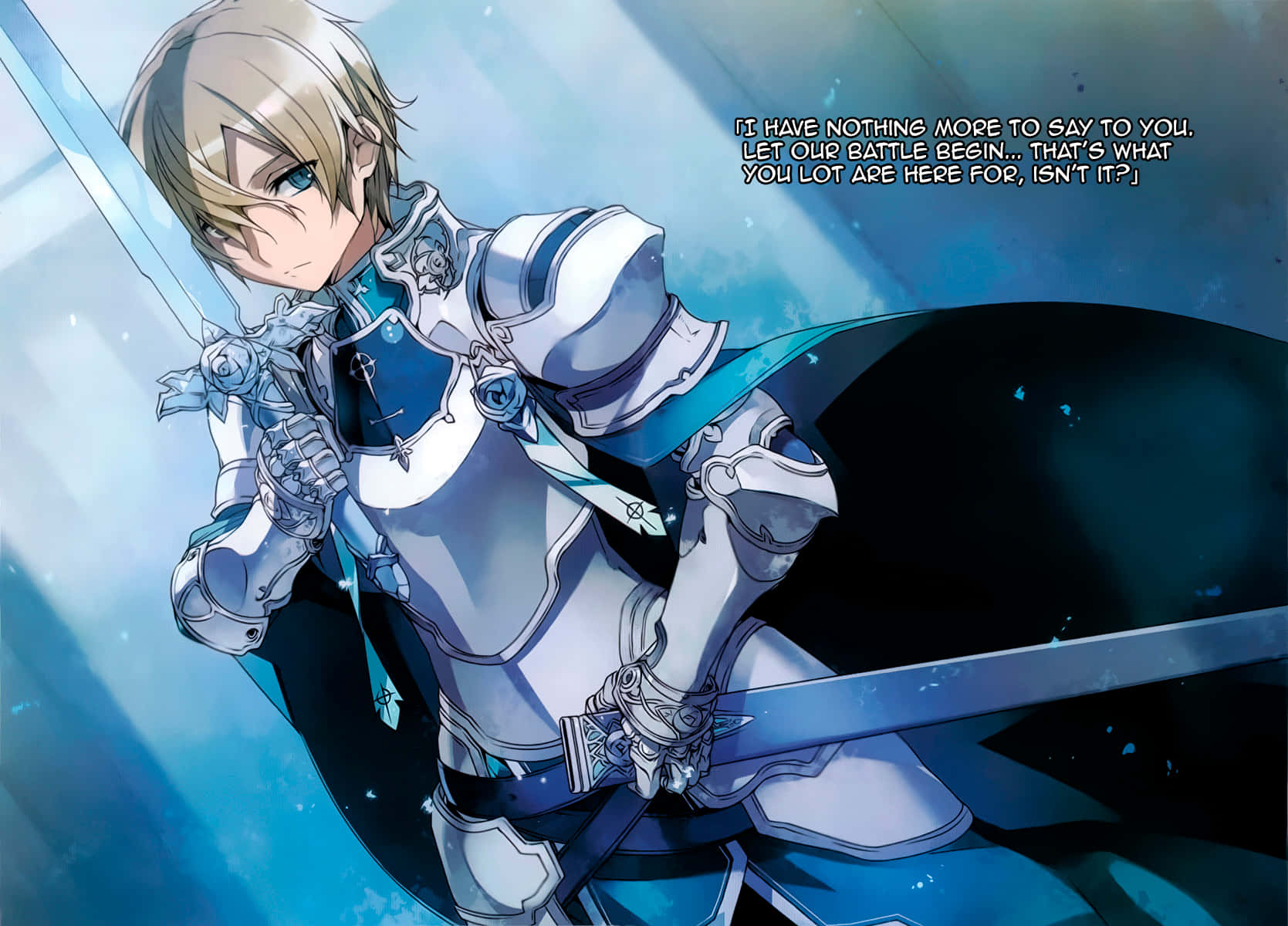Sword Art Online Eugeo 桌布 壁紙 — 一位身穿銀色盔甲、意志堅定的動畫騎士，在藍色能量背景下揮舞著發光的劍，伴隨著戰鬥對話。
