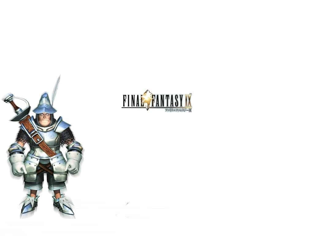 Final Fantasy Ix 桌布 壁紙 — 一位身穿銀色盔甲、手持劍的騎士站在 Final Fantasy IX 標誌旁邊，背景為純白色。