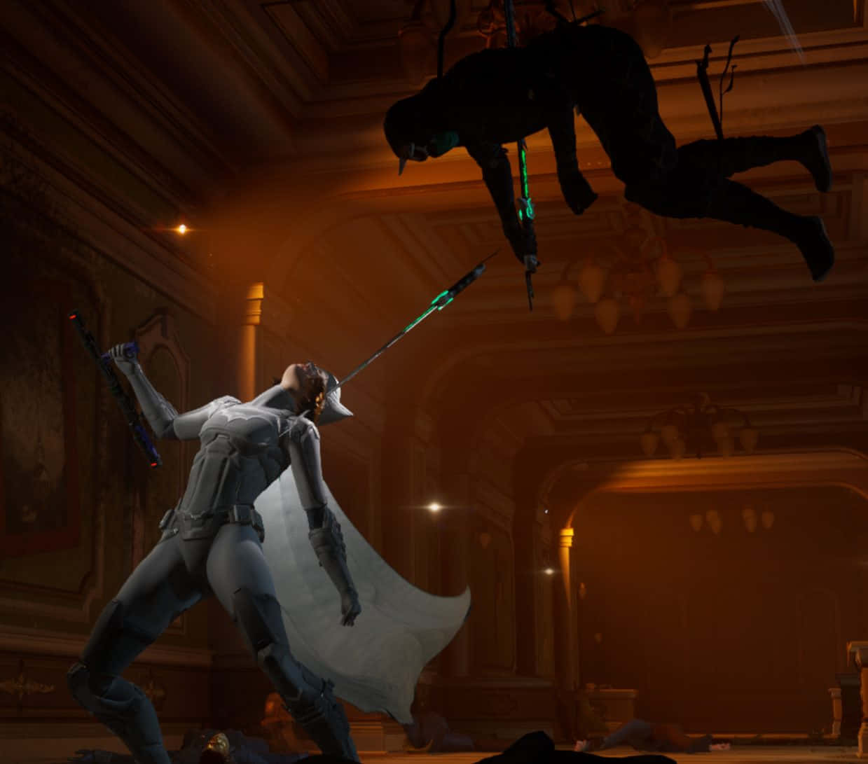 The League Of Assassins 桌布 壁紙 — 一位身穿銀色盔甲、披風飄揚的戰士，在一個宏偉、燈光溫暖的華麗大廳中，與一個懸浮在半空中的黑暗身影交鋒。