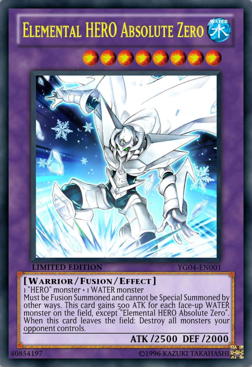 Yugioh Elemental Hero 桌布 壁紙 — 一位身穿銀色盔甲、擁有發光綠色眼睛和飄逸斗篷的英雄，站在旋轉的冰晶和雪花之中，背景是鮮豔的藍色。
