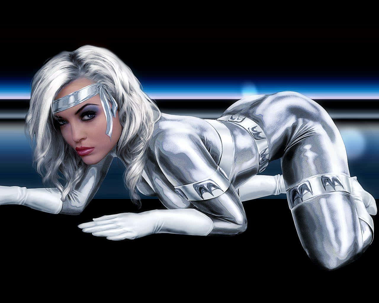 Silver Sable 桌布 壁紙 — 一位身穿銀色盔甲、白髮的女性超級英雄，在帶有發光藍色條紋的黑暗背景前低伏著。