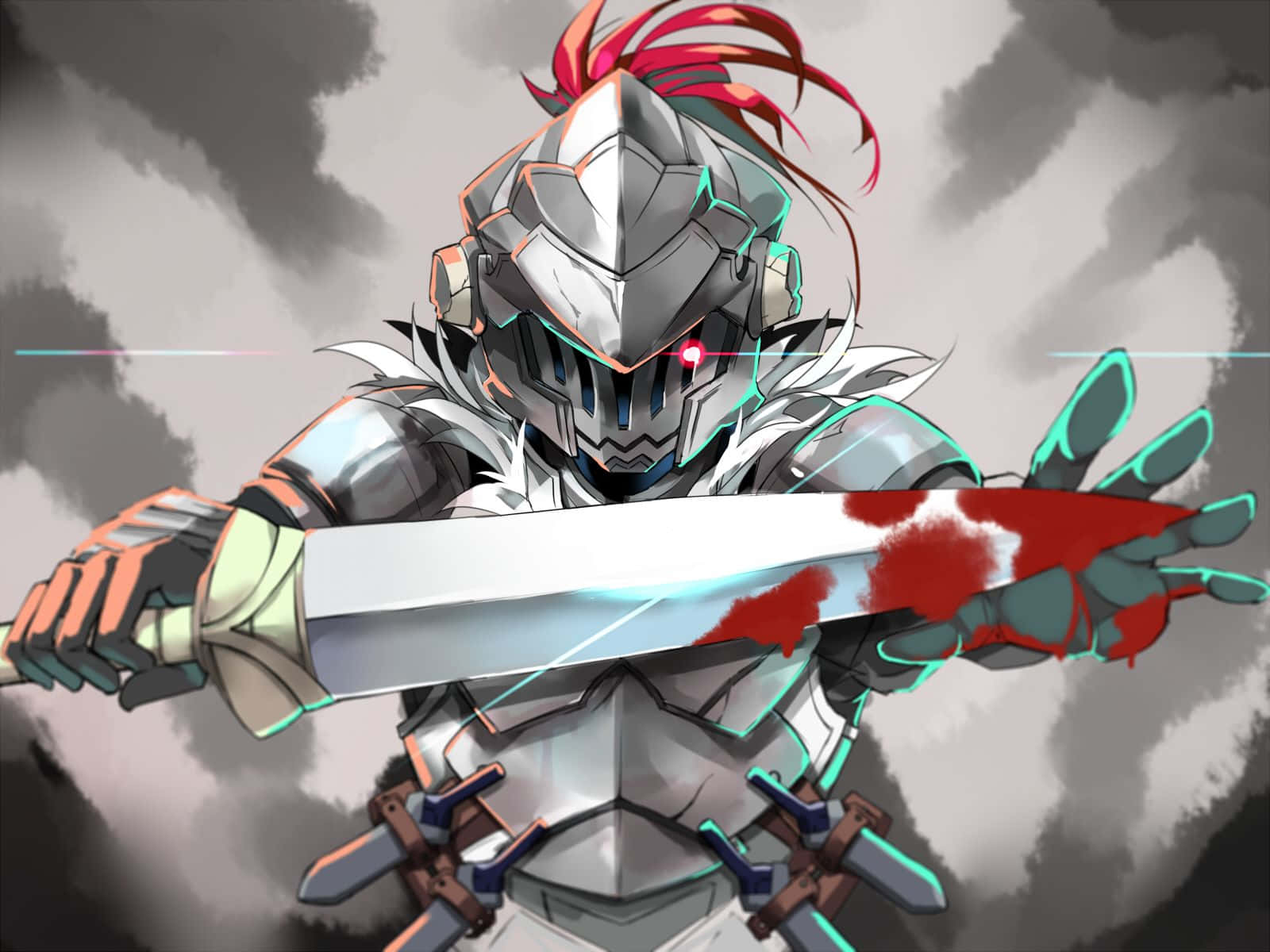 Goblin Slayer 桌布 壁紙 — 一位身穿銀色盔甲、紅髮的騎士，在暴風雨的灰色天空下揮舞著一把沾滿鮮血的劍。