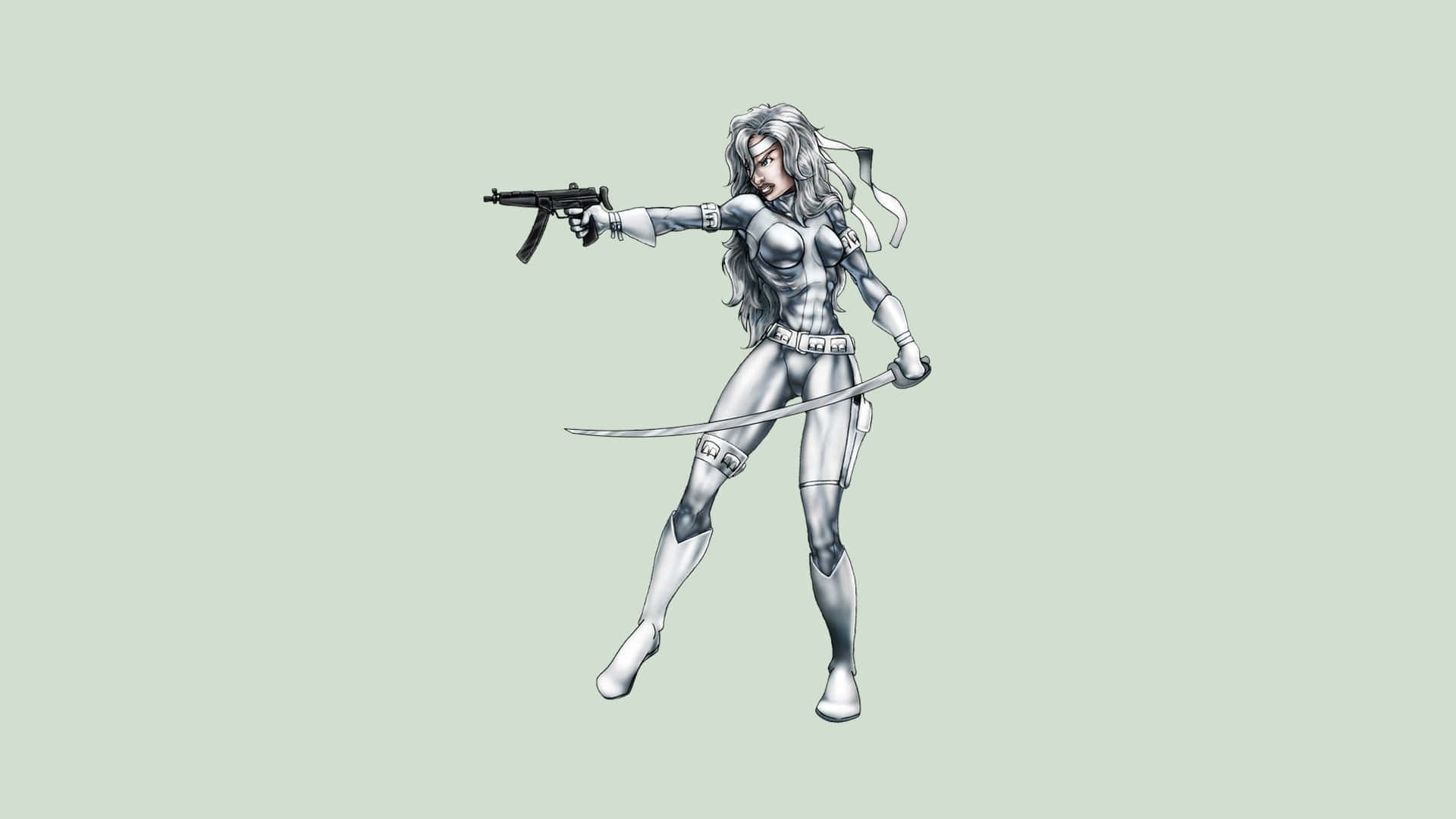 Silver Sable 桌布 壁紙 — 一位身穿銀色盔甲、長白髮的女性戰士，在淡綠色背景前，手持衝鋒槍瞄準，同時握著一把劍。