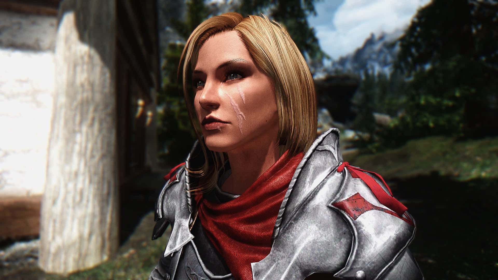Skyrim Delphine 桌布 壁紙 — 一位身穿銀色盔甲和紅色圍巾的堅定女戰士站在戶外，淚水劃過臉頰，背景是森林覆蓋的山脈。