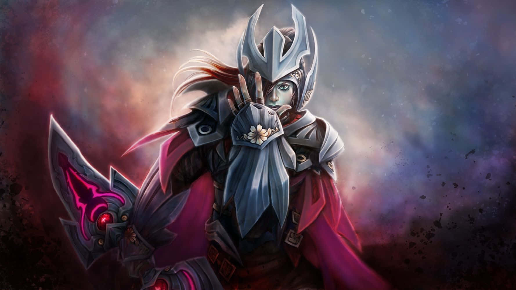 Phantom Assassin 桌布 壁紙 — 一位身穿銀色盔甲和紅色披風的奇幻戰士，在宇宙風暴背景下手持發光劍。