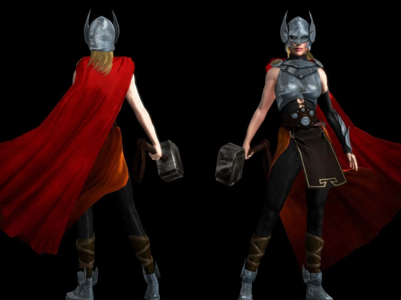 Jane Foster 桌布 壁紙 — 一位身穿銀色盔甲和紅色斗篷的女雷神，在黑色背景前從正面和背面展示她的錘子。