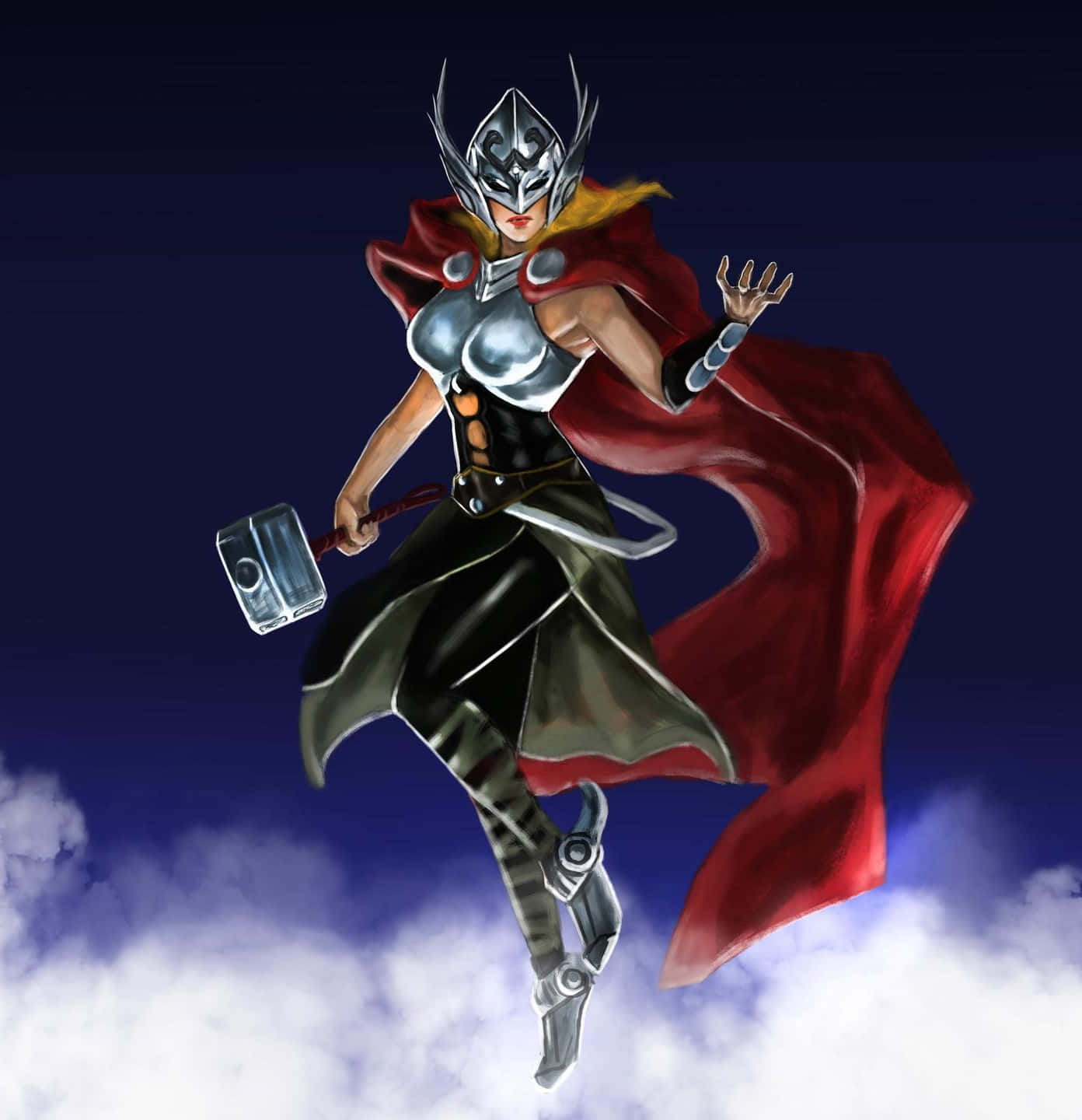 Jane Foster 桌布 壁紙 — 一位身穿銀色盔甲和紅色斗篷的女雷神飛越雲層，手持她的錘子，背景是深藍色的天空。
