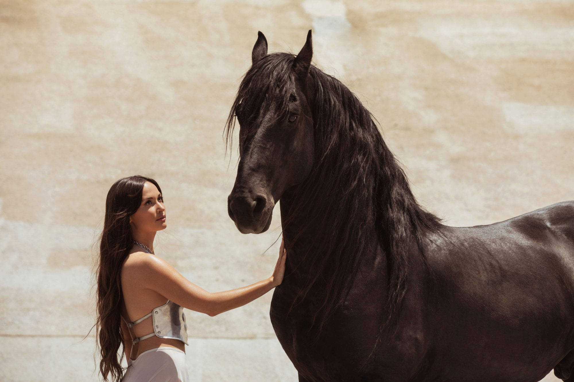 Kacey Musgraves 桌布 壁紙 — 一位身穿銀色盔甲的女性，在陽光照射的米色牆壁前，輕柔地撫摸一匹威嚴的黑馬。