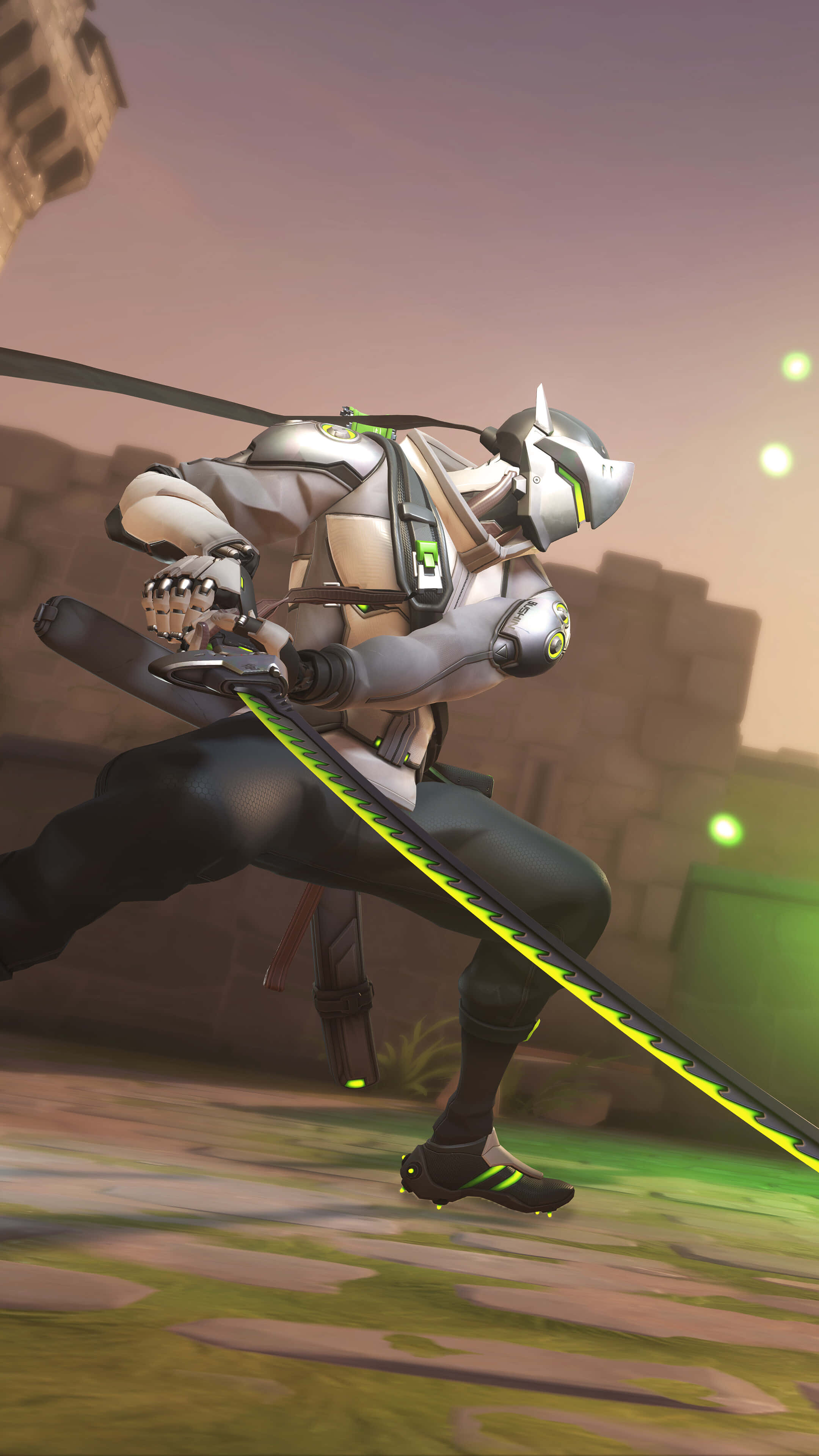 Overwatch Genji 桌布 壁紙 — 一位身穿銀色盔甲的未來戰士在昏暗天空下的石頭廢墟上揮舞著發光的綠色劍，正處於跳躍中。