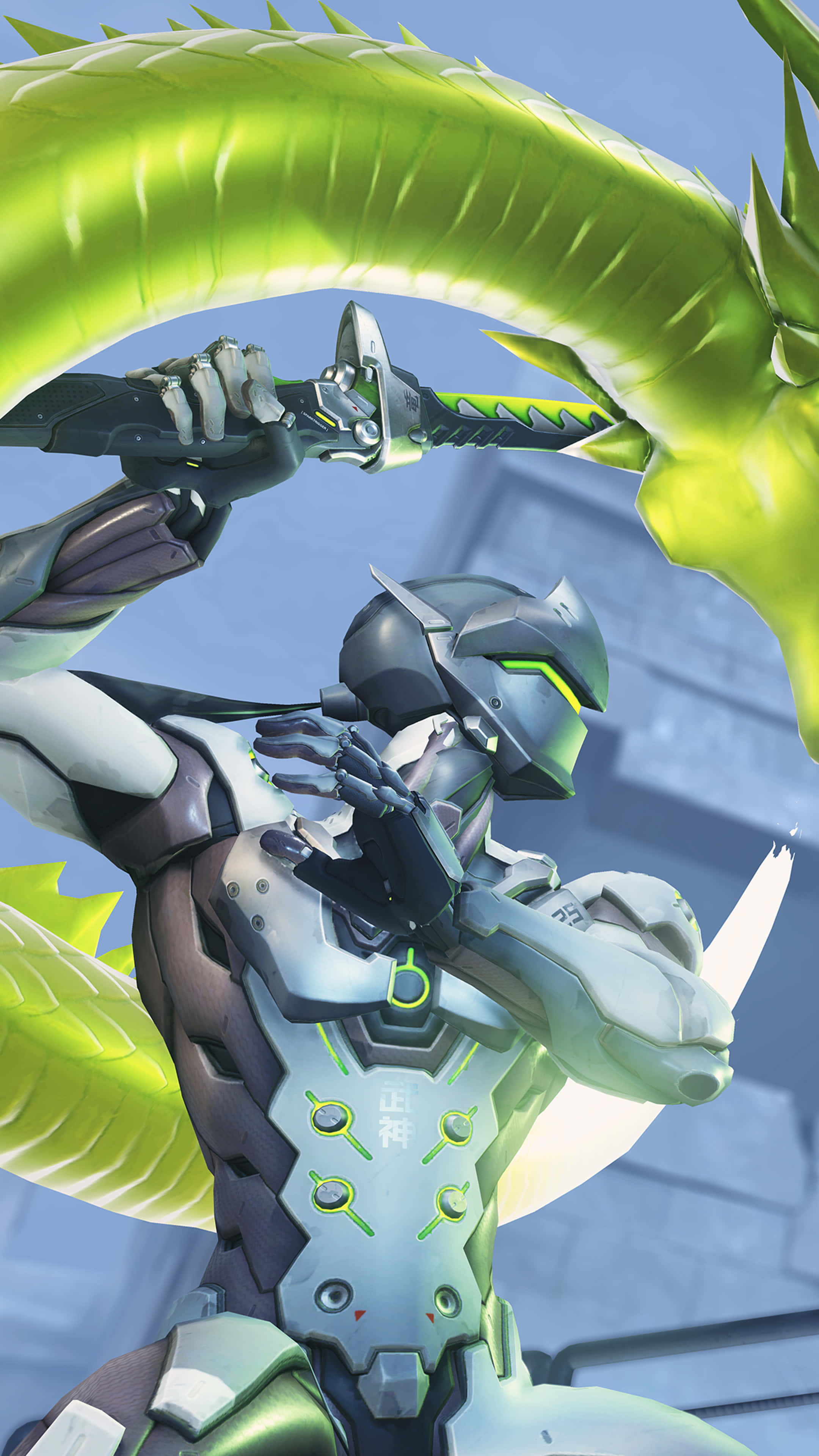 Genji 4K 桌布 壁紙 — 一位身穿銀色盔甲的未來戰士揮舞著發光的綠色劍，而一條巨大的綠色龍盤旋在上方。