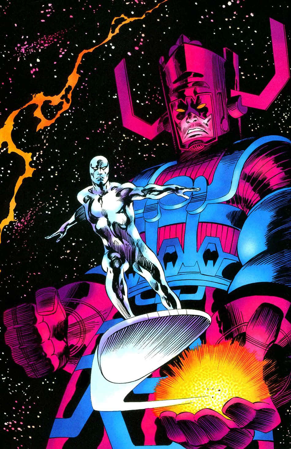 Galactus 桌布 壁紙 — 一位身穿銀色盔甲的超級英雄，在佈滿星星的黑色背景和熾熱能量光束前，挑釁地站在一個高聳的粉藍色宇宙反派面前。