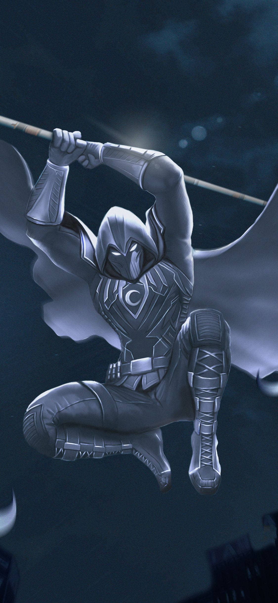 Moon Knight 桌布 壁紙 — 一位身穿銀色盔甲的超級英雄，披著飄逸的斗篷，帶有新月標誌，在黑暗的夜空中動態跳躍。