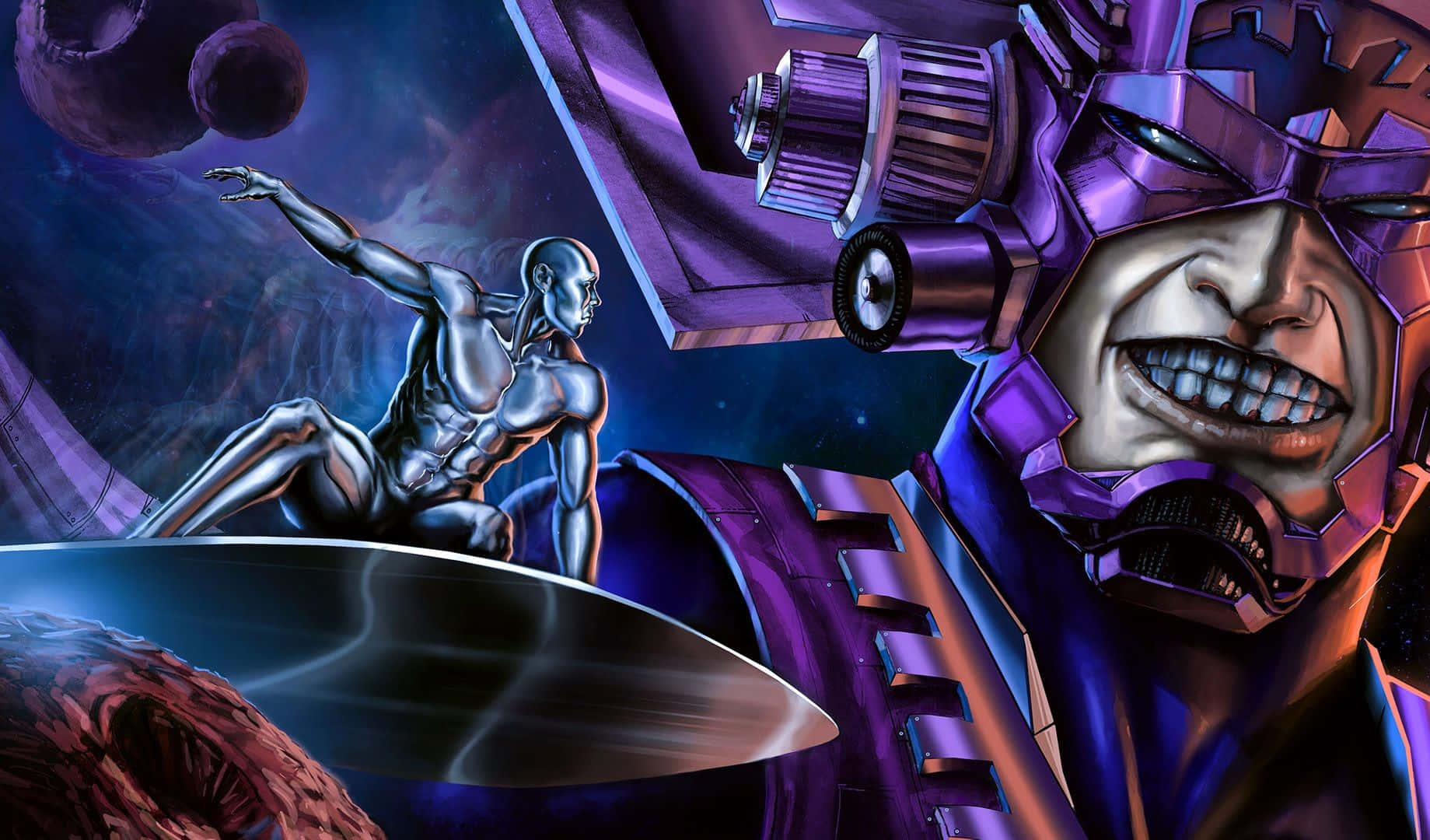 Galactus 桌布 壁紙 — 一位身穿銀色盔甲的超級英雄跳過宇宙虛空，而一個帶有鋸齒狀笑容的威脅性紫色機器人反派潛伏著。